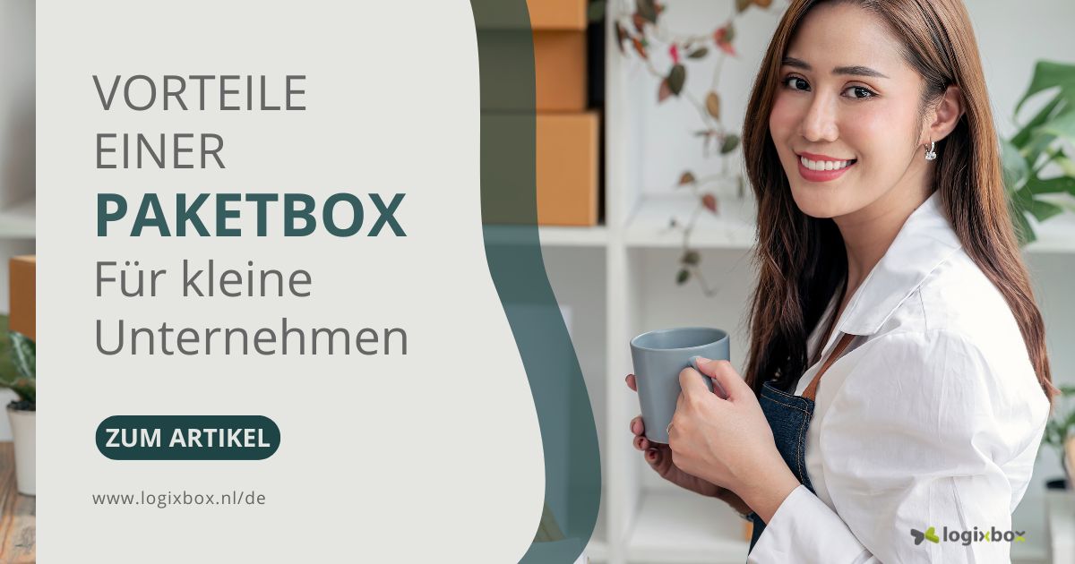Paketbox vor dem Eingang eines kleinen Geschäfts – ideale Lösung für kontaktlosen Paketempfang im Arbeitsalltag kleiner Unternehmen