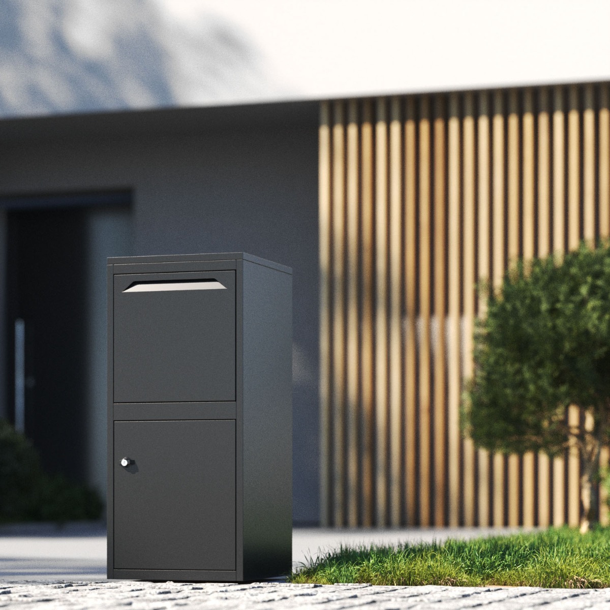 Voorbeeld van een moderne pakketbrievenbus in een tuin.