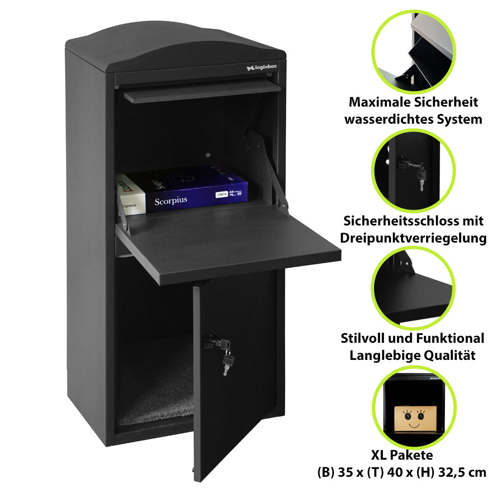 Logixbox Paketbriefkasten – alle USP's auf einen Blick: sicher, wetterfest, geräumig, elegantes Design, einfache Montage und zuverlässiger Paketempfang